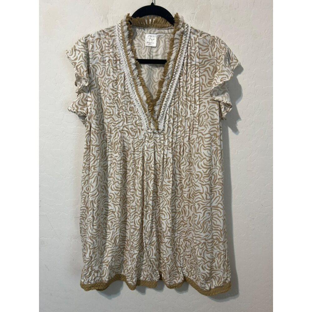 Goa Beachwear by Japna Sz XL Mini Dress Bathing Suit Coverup Tan White Fringe